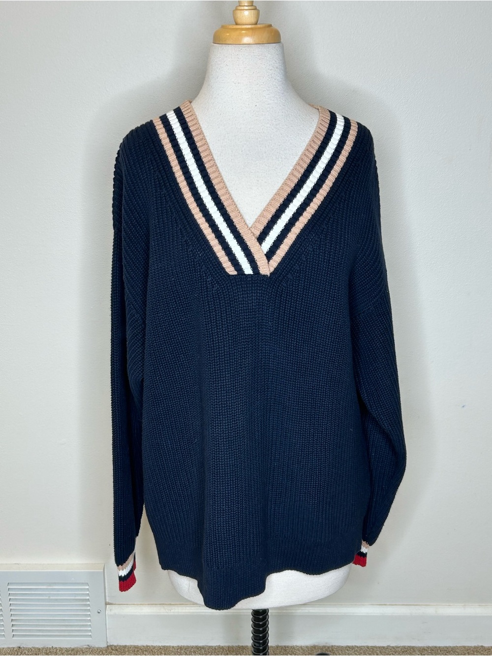 The Upside Navy V-Neck Sweater Striped Trim Women's S Relaxed Fit Academia